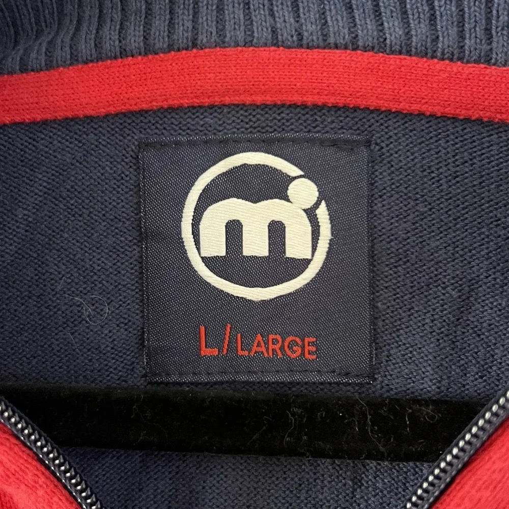 Mistral‎ Zip Sweater Jacket Navy Red Stripe Mock Neck Large Preppy Colorblock